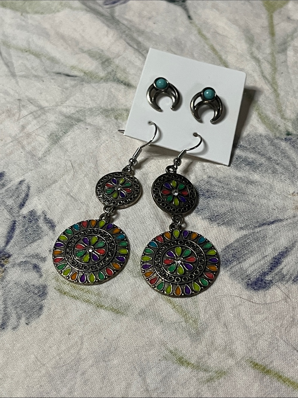 2 Pair Boho Earring Bundle – Mandala Dangles & Crescent Studs ✨